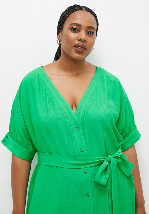 edit - Button thru shirt dress with belt - green