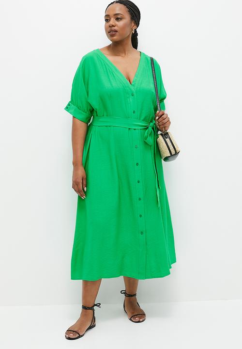 edit - Button thru shirt dress with belt - green