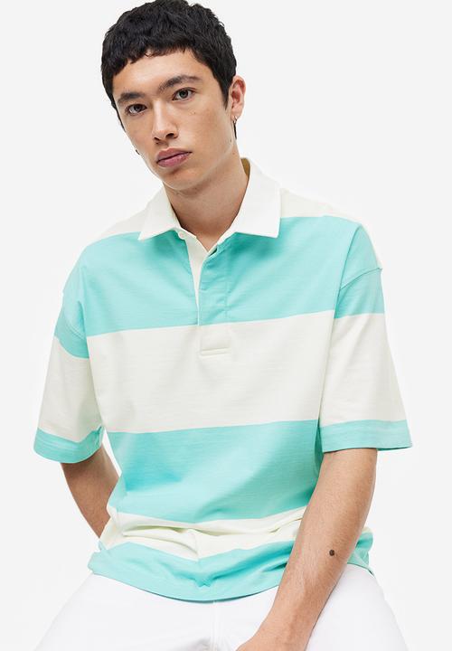 H&M - Oversized fit short-sleeved rugby shirt - turquoise white striped