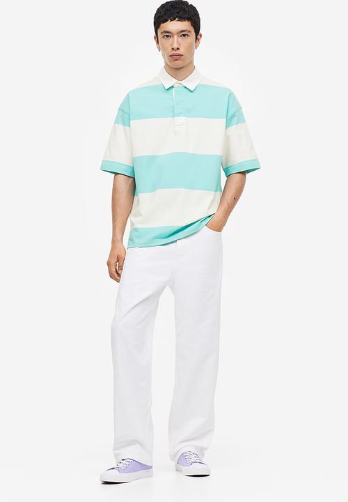 H&M - Oversized fit short-sleeved rugby shirt - turquoise white striped