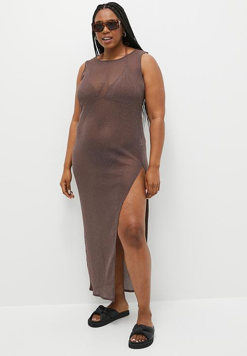 Cotton On - Plus Glitter Beach Round Neck Maxi Dress - Acorn Brown Metallic