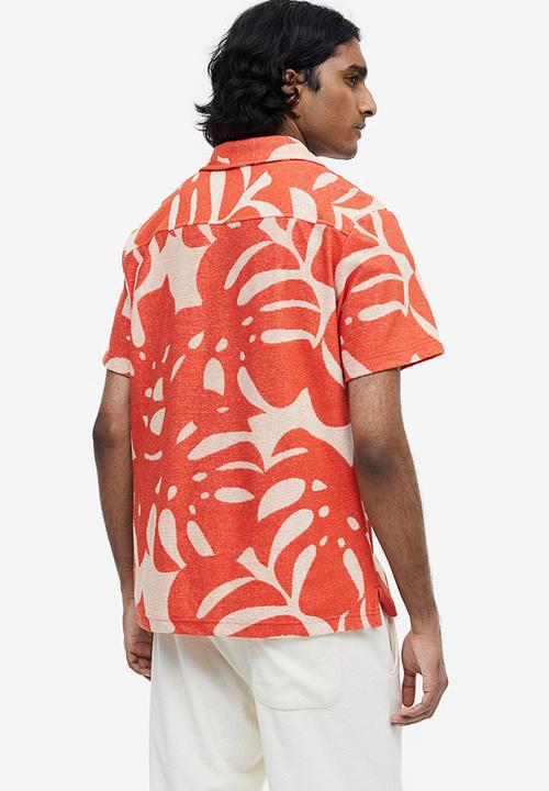 H&M - Regular fit terry resort shirt - orange leaf-patterned