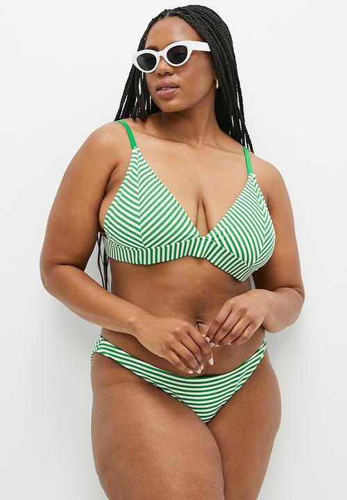 Cotton On - Plus Fixed Triangle Bikini Top - Cactus Green Stripe Crinkle