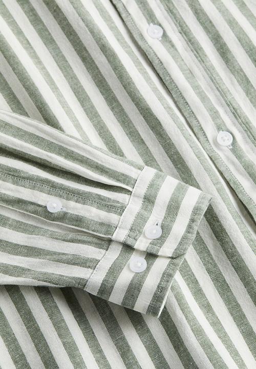 H&M - Relaxed fit linen-blend shirt - green white striped