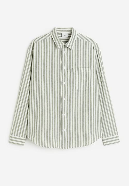 H&M - Relaxed fit linen-blend shirt - green white striped