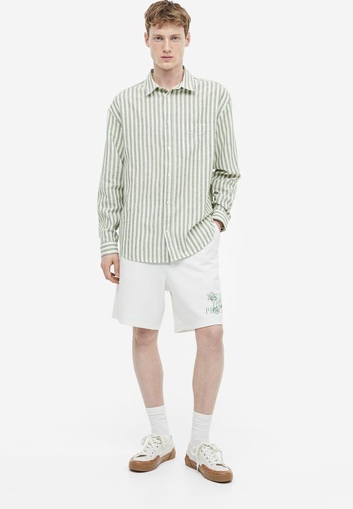 H&M - Relaxed fit linen-blend shirt - green white striped