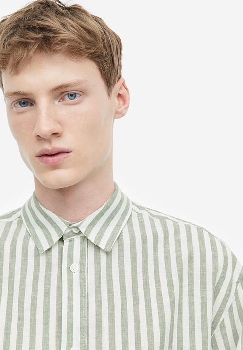 H&M - Relaxed fit linen-blend shirt - green white striped