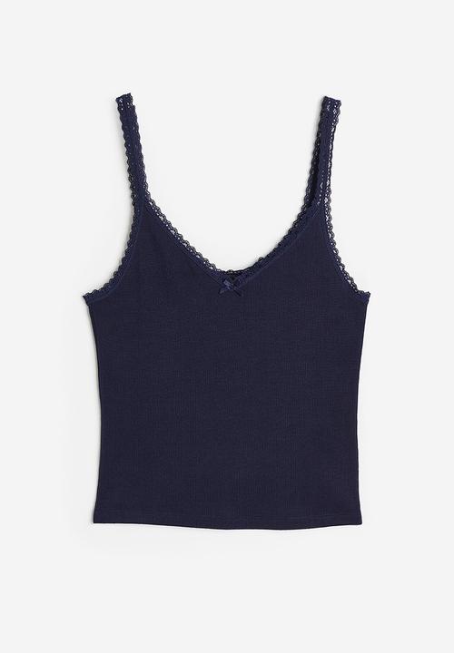 H&M - Lace-trimmed ribbed vest top - navy blue