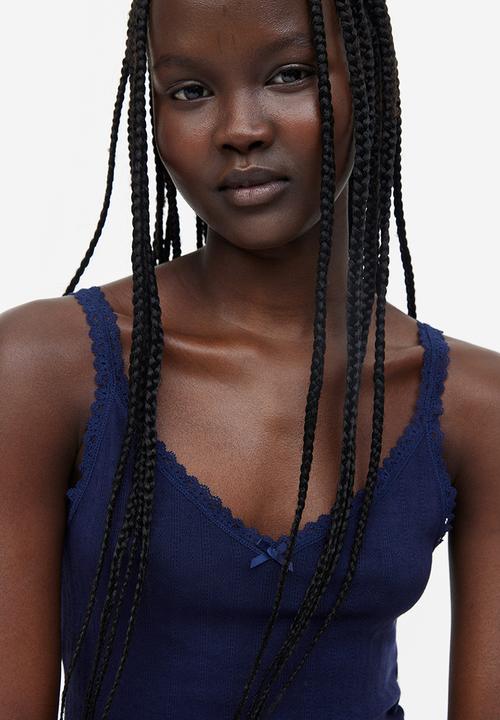 H&M - Lace-trimmed ribbed vest top - navy blue