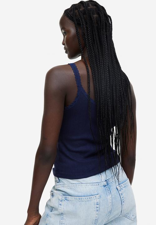 H&M - Lace-trimmed ribbed vest top - navy blue