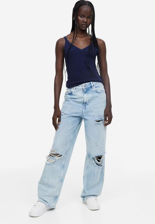 H&M - Lace-trimmed ribbed vest top - navy blue