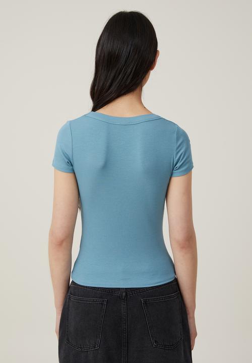 Cotton On - Staple Rib Scoop Neck Short Sleeve Top - Aspen Blue