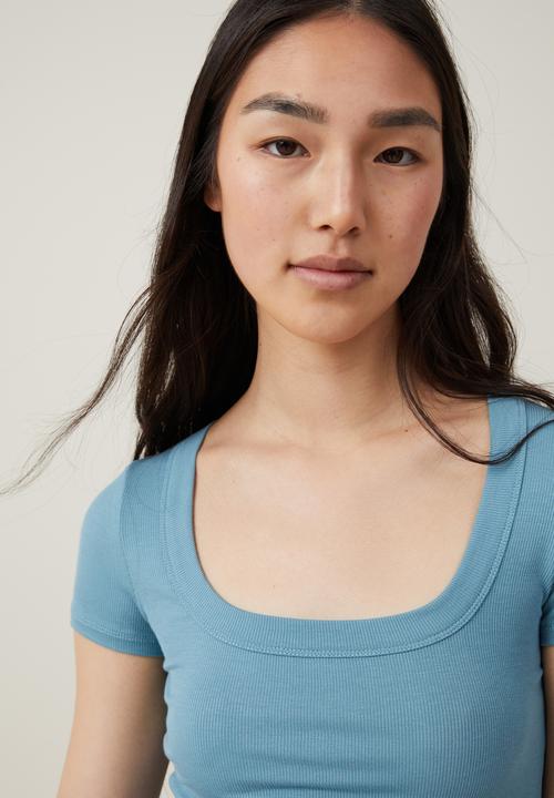 Cotton On - Staple Rib Scoop Neck Short Sleeve Top - Aspen Blue