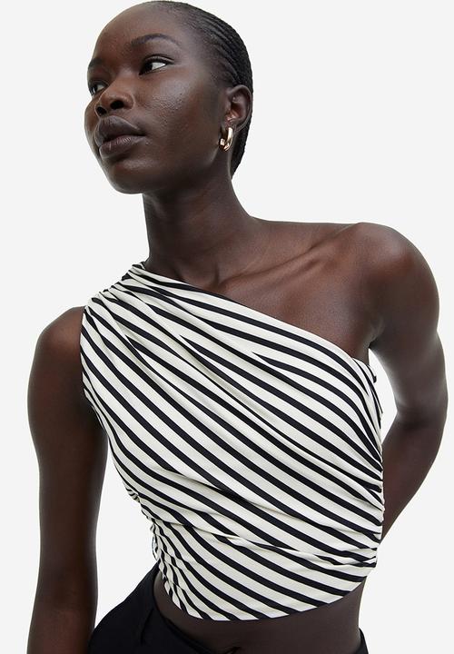 H&M - Gathered one-shoulder top - light beige & black striped