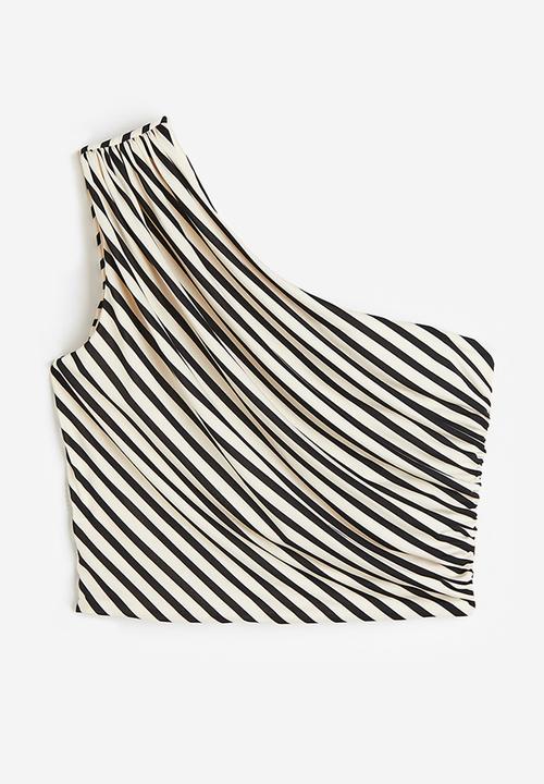 H&M - Gathered one-shoulder top - light beige & black striped