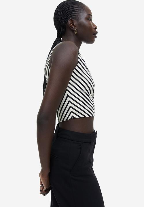 H&M - Gathered one-shoulder top - light beige & black striped