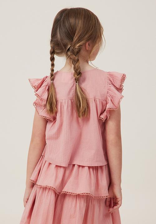 Cotton On - Madison scallop sleeve top - clay pigeon/sparkle stripe