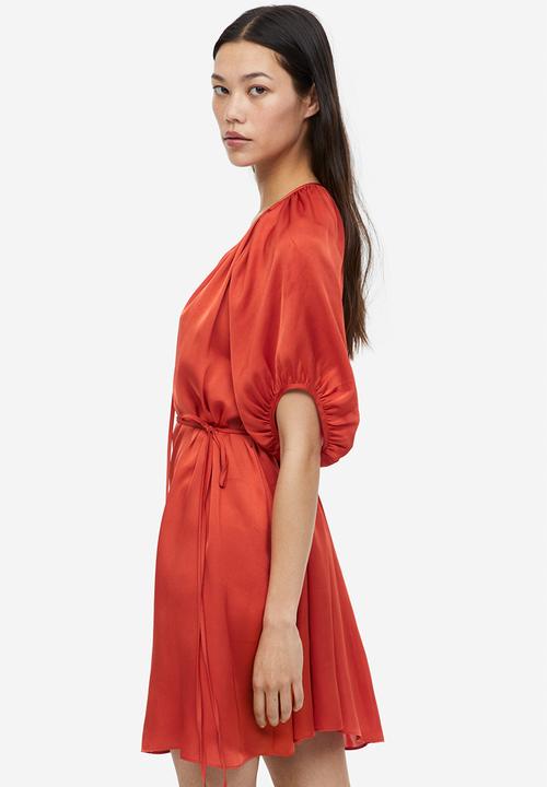 H&M - Tie-detail satin dress - red-orange