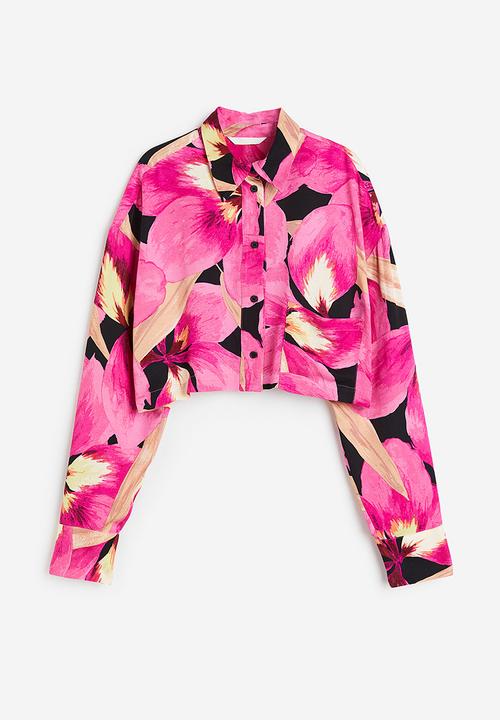 H&M - Cropped satin shirt - cerise/floral 