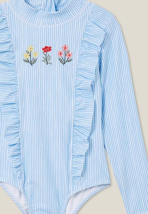Cotton On - Lydia one piece - sky haze stripe/floral embroidery
