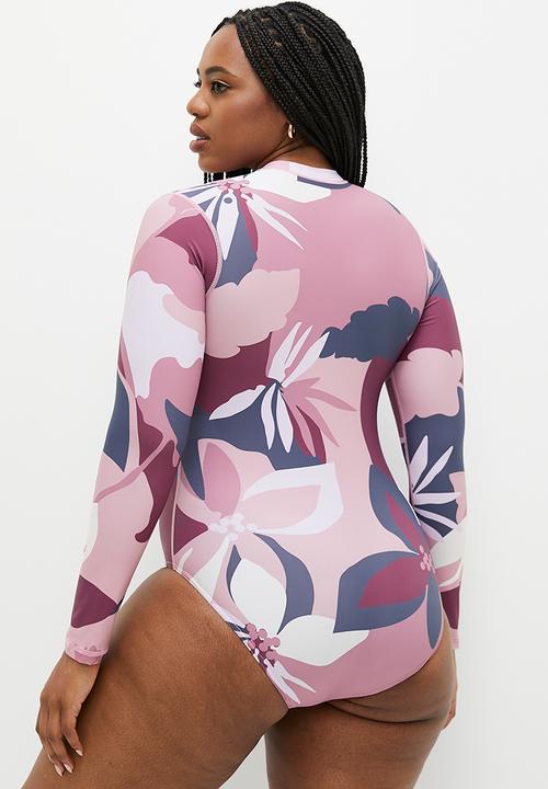 Lizzy - Plus cinderella long sleeve full body swimsuit - pink abstract floral