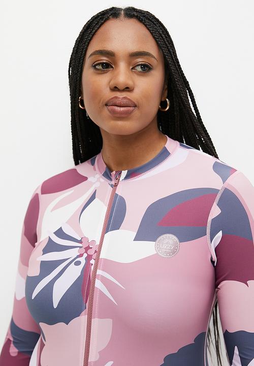 Lizzy - Plus cinderella long sleeve full body swimsuit - pink abstract floral