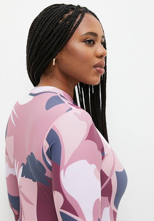 Lizzy - Plus cinderella long sleeve full body swimsuit - pink abstract floral