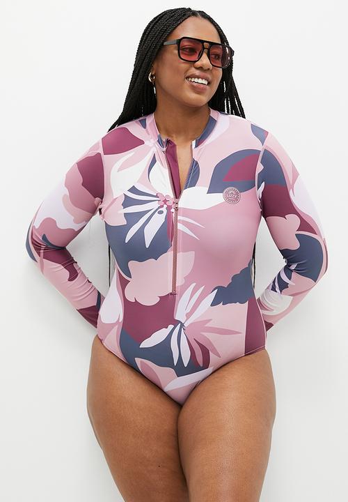 Lizzy - Plus cinderella long sleeve full body swimsuit - pink abstract floral