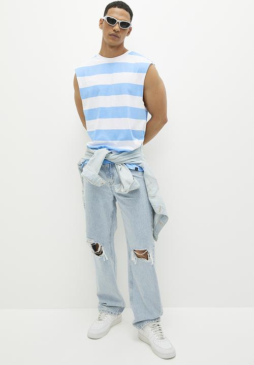 Superbalist - Steve Striped Raw Slv Edge Vest - Light Blue/White