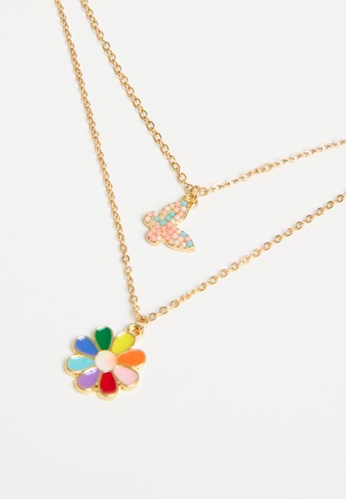 Pop Candy - Flower & butterfly Layered necklace -gold 