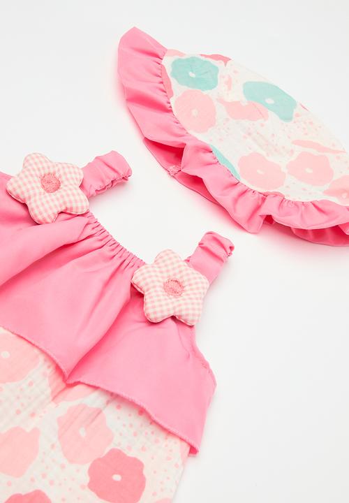Pop Candy - Baby shoulder tie dress and hat set - pink