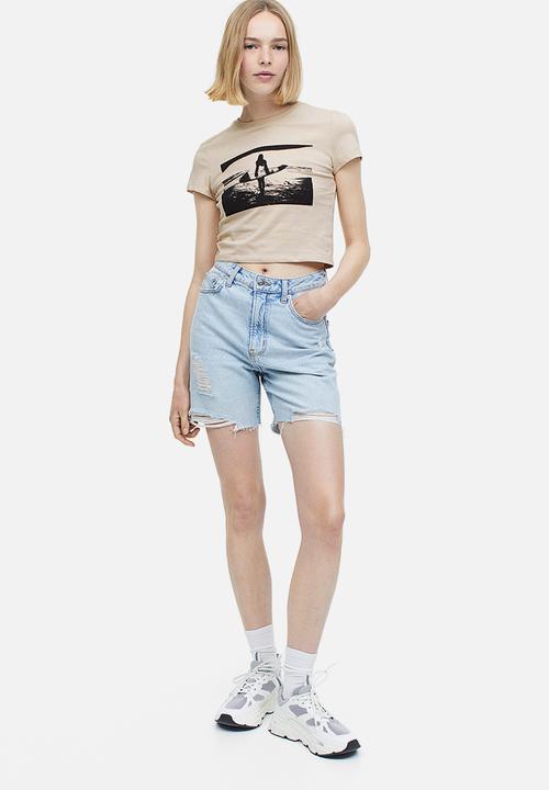 H&M - Printed cropped top - light beige surfer