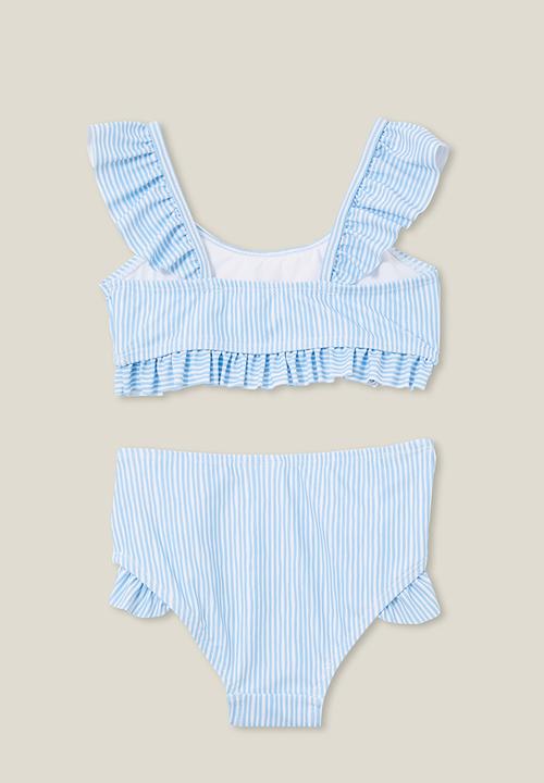 Cotton On - Ruffle bikini - sky haze stripe/floral embroidery