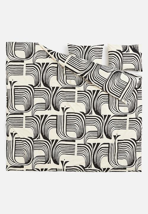 H&M - Cotton double/king size duvet cover set - cream/black patterned