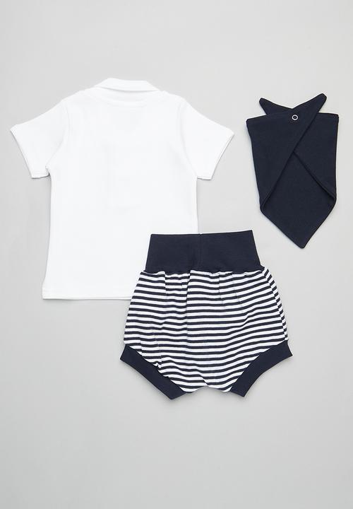 Little Lumps - 3Pk Tab T-Shirt, Shorts & Bib Set - navy & white