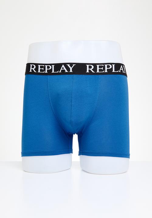 Replay - Replay boxer style basic cuff logo 2 pack box - blue & black