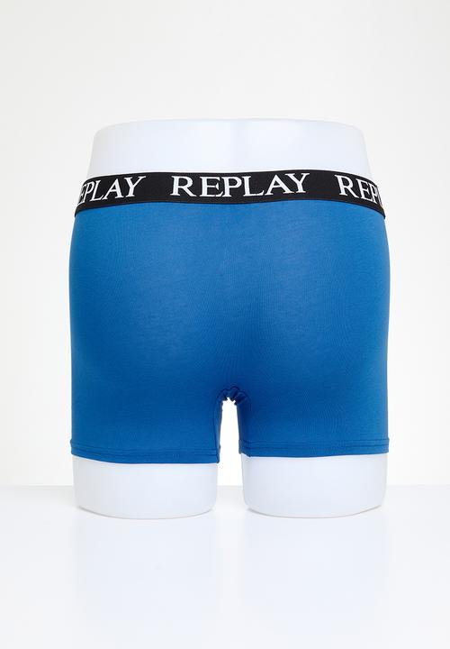 Replay - Replay boxer style basic cuff logo 2 pack box - blue & black