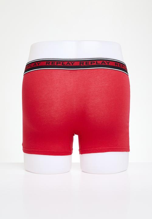 Replay - Replay boxer style 3 cuff logo & stripes 2 pack - black & red