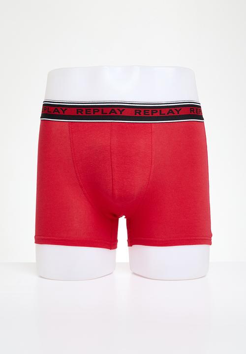 Replay - Replay boxer style 3 cuff logo & stripes 2 pack - black & red
