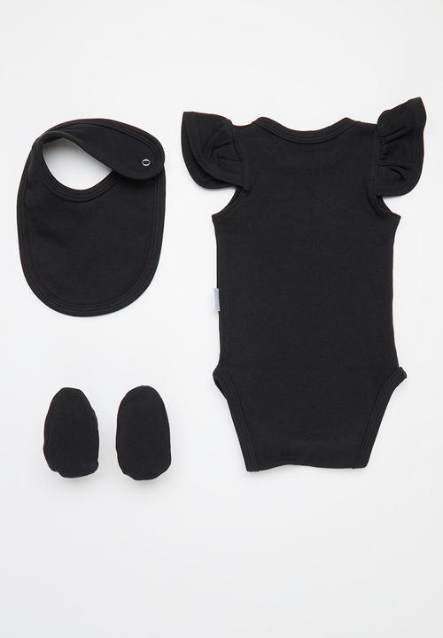 Little Lumps - Frilled jumpsuit, booties & bib set - Black