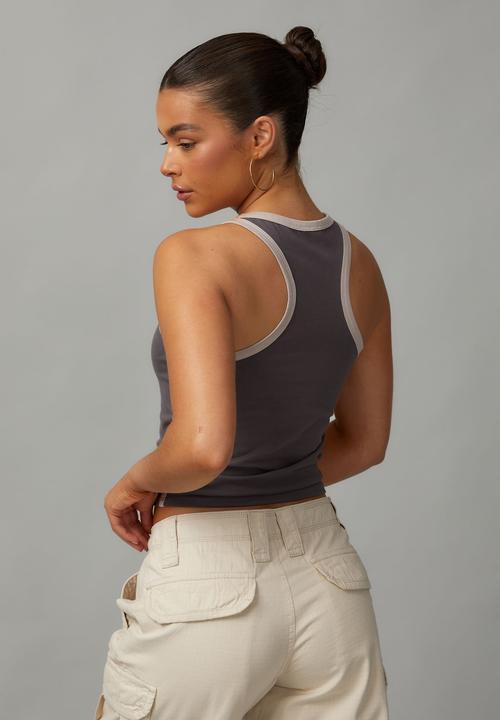 Factorie - Contrast Bind Racer Tank - Charcoal/Santa Monica