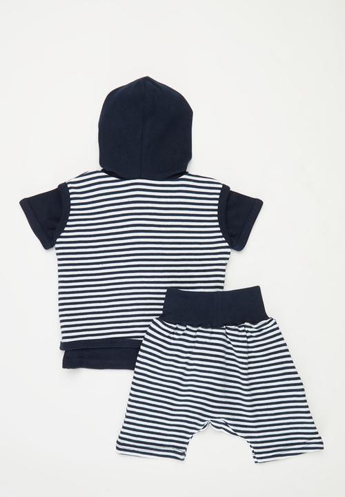 Little Lumps - Sleeveless Hoodie, Tab T Shirt & Shorts Set - Navy/Stripe