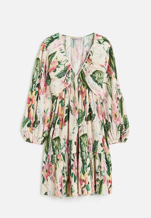 H&M - Pleated jersey dress - light beige floral 