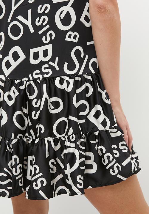 SISSY BOY - Tier and now: sleeveless printed satin dress with tiers - black & whit