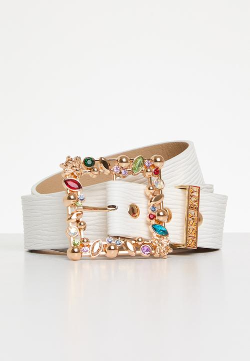 SISSY BOY - Multi colour gem buckle belt-white