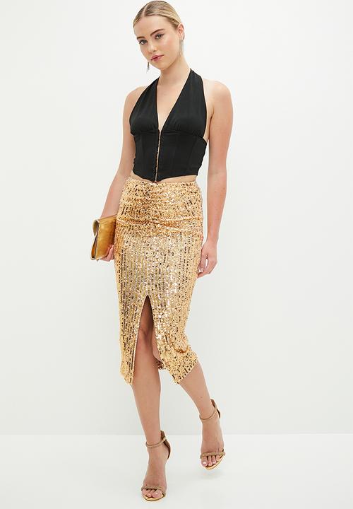 SISSY BOY - Sequin ruched midi skirt - gold