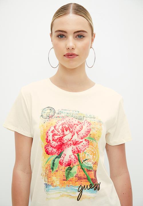 GUESS - Short sleeve positano rose easy tee - cream white