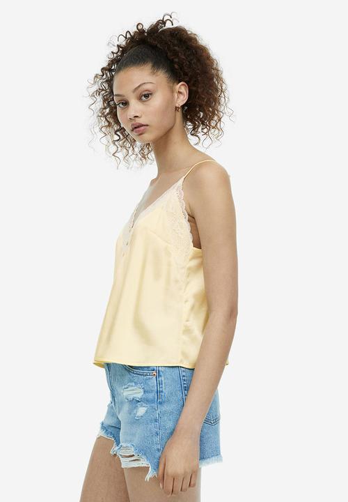 H&M - Lace-trimmed satin cami top - light yellow & white
