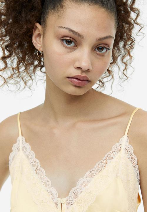 H&M - Lace-trimmed satin cami top - light yellow & white