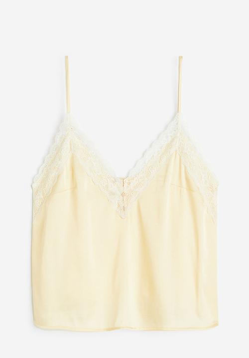 H&M - Lace-trimmed satin cami top - light yellow & white